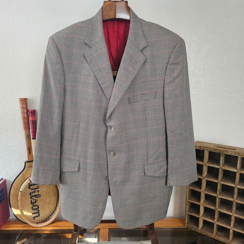 Vintage 2010 Western Wool Houndstooth Sport Coat Jacket Red Windowpane 48R